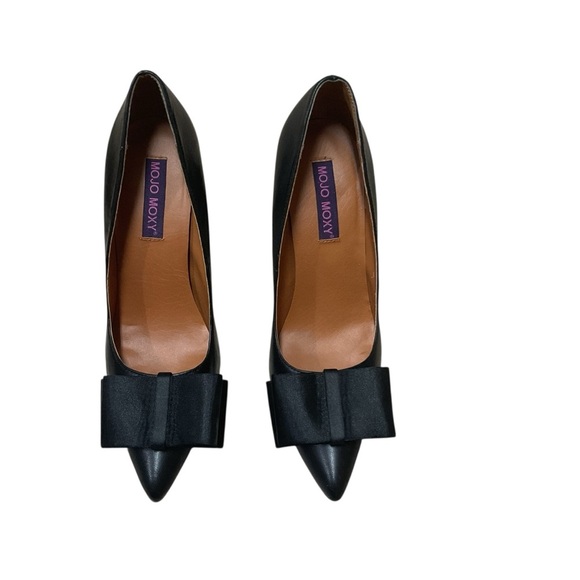 Mojo Moxy Women's Size 7.5 Sophia Pumps Bow Detail Black Leather EUC 4 Inch Heel - Picture 2 of 8